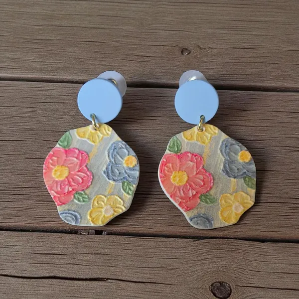 Flowerful Colorful Embossed‎ Acrylic Earrings with Blue Studs - Image 8
