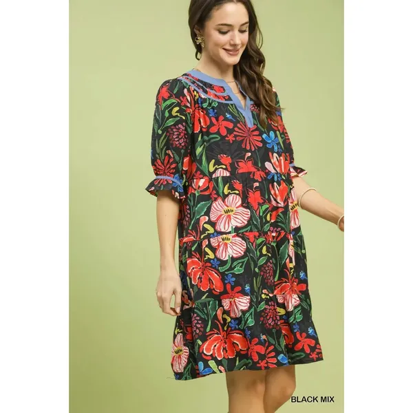 Umgee‎ Floral Tiered Puff Sleeve Dress - Black Mix - Small - Image 2