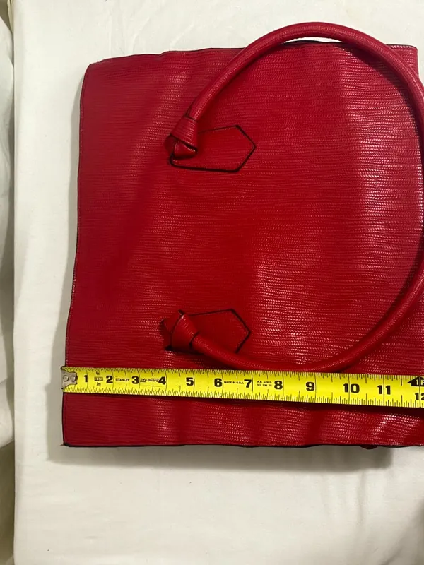 Red Textured Faux Leather Tote Handbag Structured Top Handle Purse Medium Size - Image 3