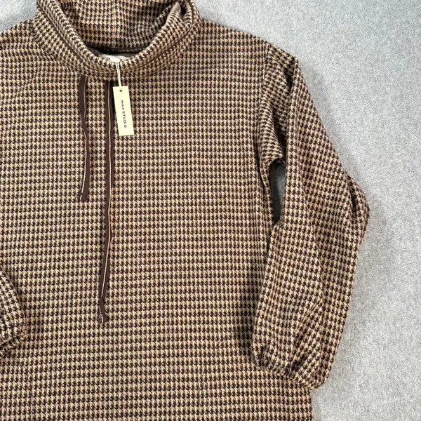 Max Studio Houndstooth Cowl Neck Dress Women's Medium Brown Long Sleeve Pockets - Image 2
