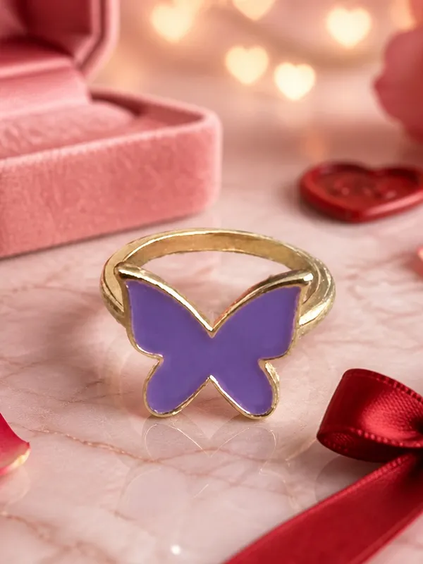 Stainless Steel Golden w/ Purple Butterfly Design Ring Size 7 - Image 2