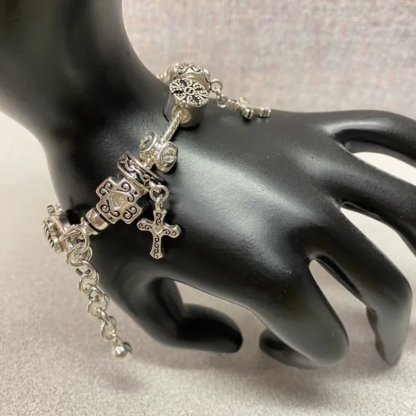 Premier Designs Silver Tone Charm Bracelet Cross Heart Dangle Beads Luck Scroll - Image 4
