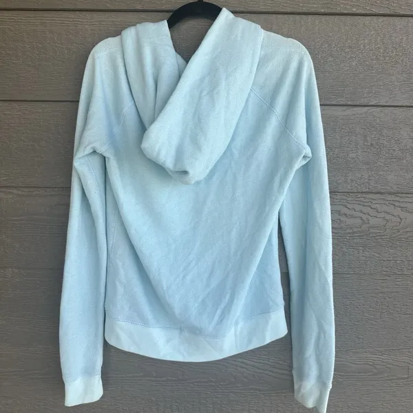 PINK Victorias Secret Deep V-neck Terry Cloth Hoodie Medium Logo Aqua‎ Blue Soft - Image 4