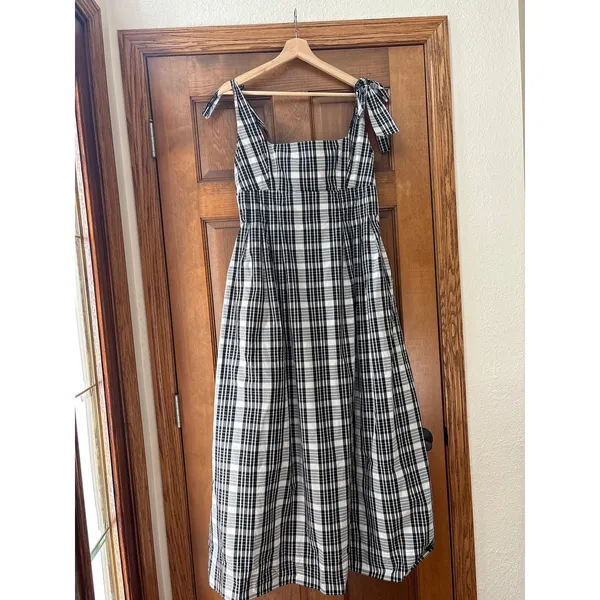 MAEVE Square Neck Tie Strap Midi Dress in Plaid Size Large - Image 4