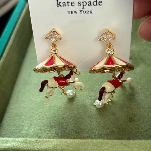 NWOT kate spade Carousel Horse Drop Earrings in Red, Cream & Gold - Image 2