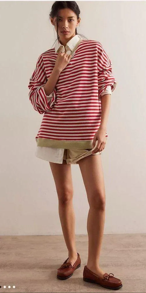 We The Free Free People Classic Striped Oversized Crewneck in Cherry Combo LARGE - Image 4