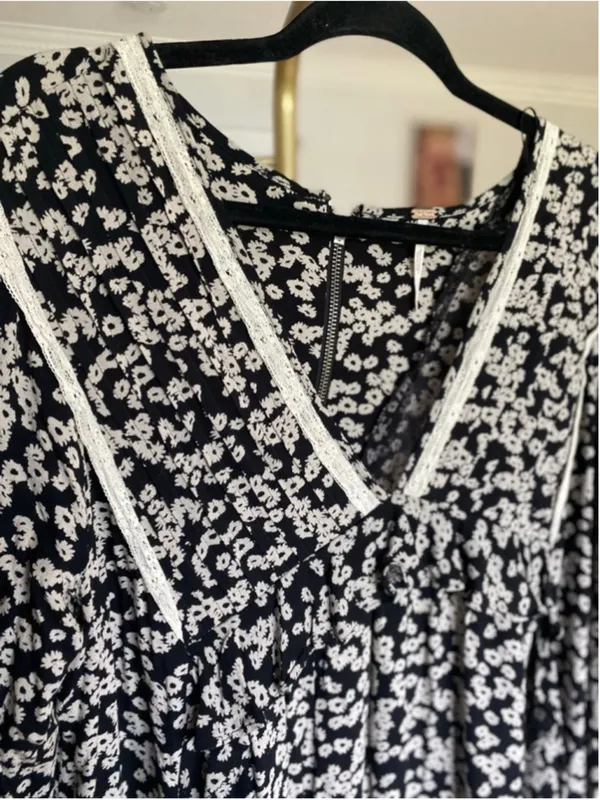 Free People Floral Mini Dress Black White Boho Cottagecore Bell Sleeve Festival‎ - Image 5
