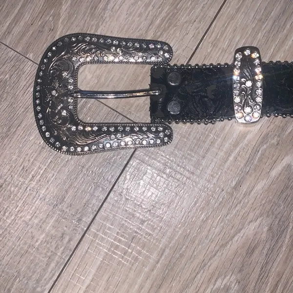 Mountain West Rhinestone Black Leather Belt Womens Studded Western - Image 2