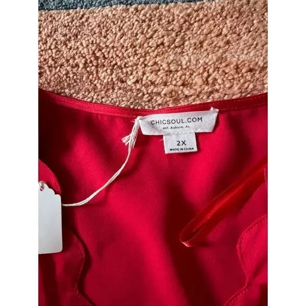 ChicSoul 2X Red Satin Scallop Faux Wrap Dress Long Sleeve Plus - Image 2