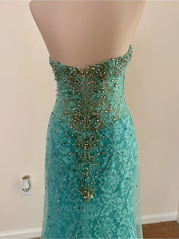 Mori Lee Turquoise Beaded Lace Mermaid Prom Dress | Size: 2-4 - Image 5