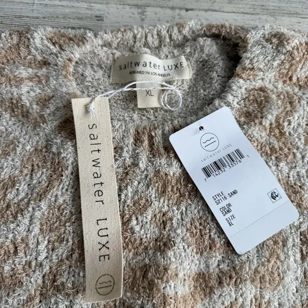 NWT Saltwater Luxe Animal Leopard Print Fuzzy Crew Neck Sweater XL Beige Tan‎ - Image 6
