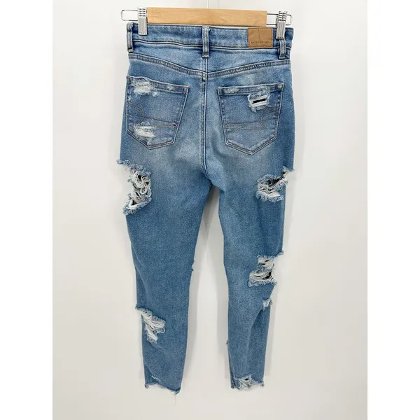 American Eagle Stretch Medium Wash Mom Jean Heavy Distressing Women Size‎ 00 - Image 2