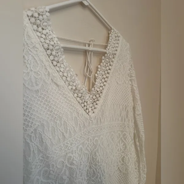 Mustard Seed White Lace Boho Mini Dress Long Sleeve V-Neck Size Medium NWT - Image 4