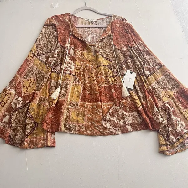 NEW Rip curl Tassel Bell Sleeve Top Blouse SMALL Boho Beach Surf Rust NEW - Image 2