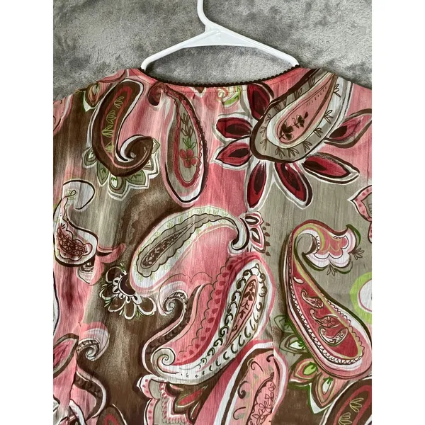 Vintage Y2K Pink Brown Paisley Bell Sleeve Babydoll Blouse Boho Fairy Grunge L - Image 4