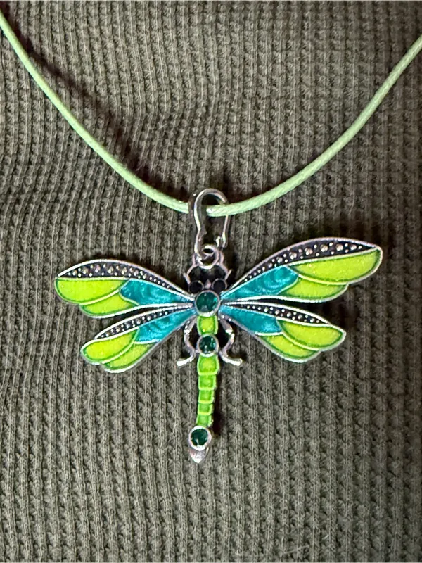 Green and Blue Dragonfly Pendant Necklace - Women's Fashion Jewelry - Image 2