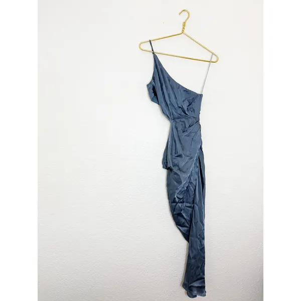 Astr The Label Martina Midi Dress Size Small Blue Satin Cut Out Draped Wedding - Image 4