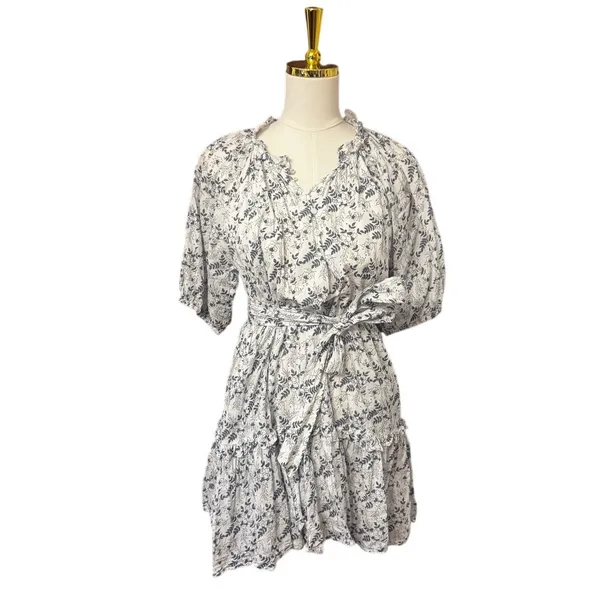 Cleobella Nevah Floral Mini Dress White Blue Puff Sleeve Tie Belt Cotton Size M - Image 2