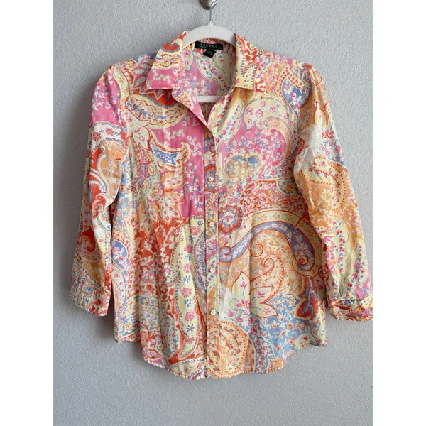 Lauren Ralph Lauren Colorful Paisley Shirt 3/4 Sleeve Preppy Coastal Size M - Image 4