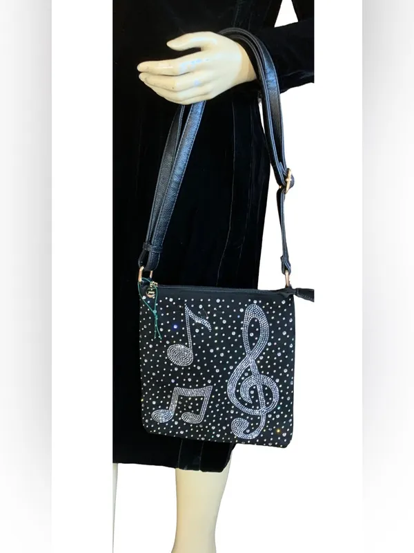 Musical Themed Rhinestone Embellished Black Faux Leather Crossbody Bag - Image 8