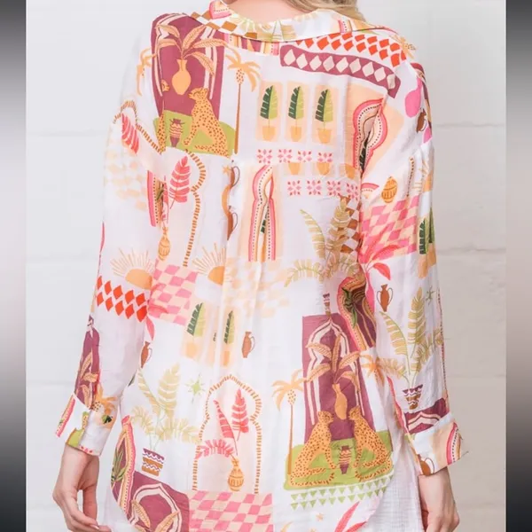 Peach Vibrant pink yellow casual button up lightweight‎ size large - Image 7