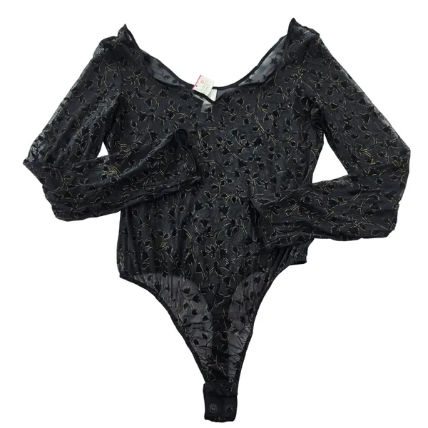 Victoria's Secret NWT Vintage 90s Black Gold Mesh Flocked Floral Bodysuit Large - Image 2