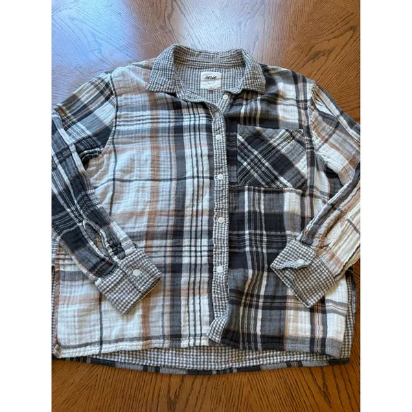 Aerie Plaid Button Up Shirt‎ Long Sleeve Gauze Women's Small - Image 3