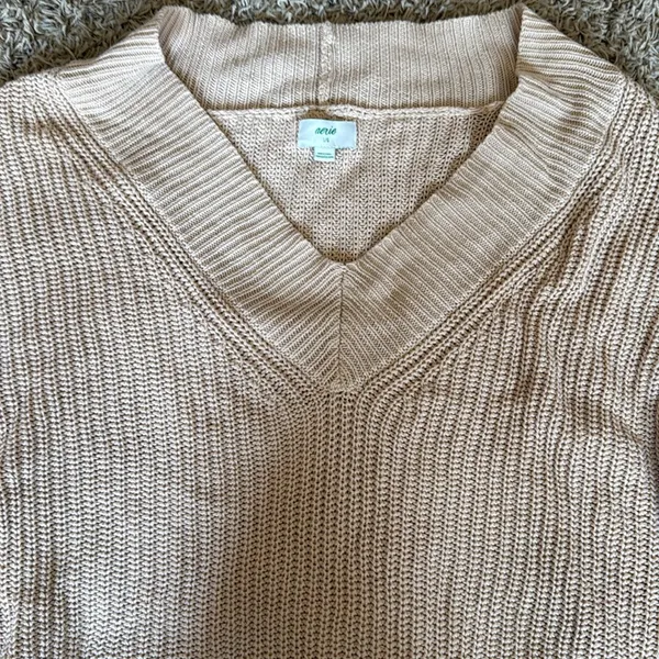 Aerie Oversized Tan Cotton V Neck Sweater Size Large - Image 3