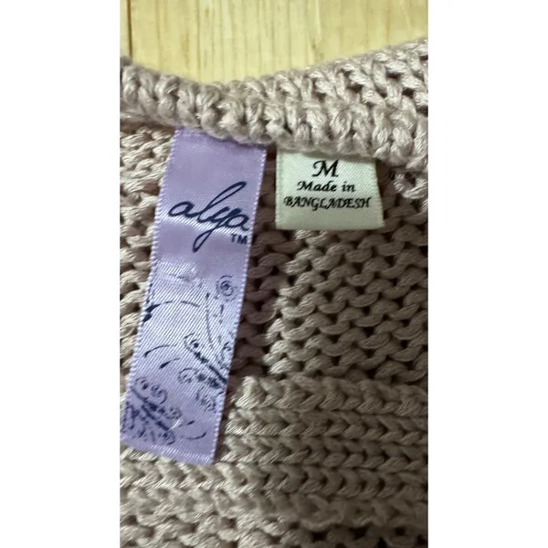 Alya Womens Dusty Rose Open Back‎ Chunky Knit Sweater Striped Cuffs Medium - Image 2