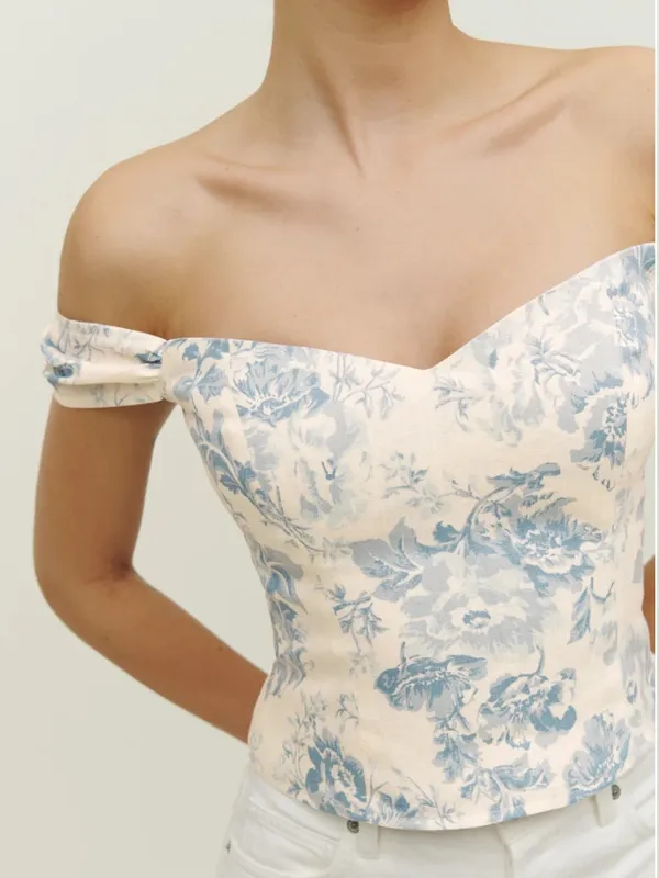 Reformation Eden Off-Shoulder Top in Cream and Blue Floral - Image 4