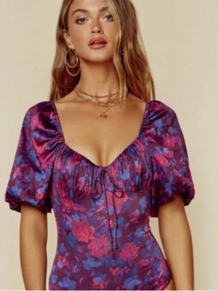 For Love & Lemons Floral Puff-Sleeve Square Neck Bodysuit in Magenta and Purple - Image 2