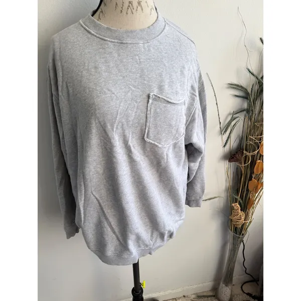 Aerie Womens Medium‎ Gray Crewneck Sweatshirt Oversized Pocket Pullover Fleece - Image 2