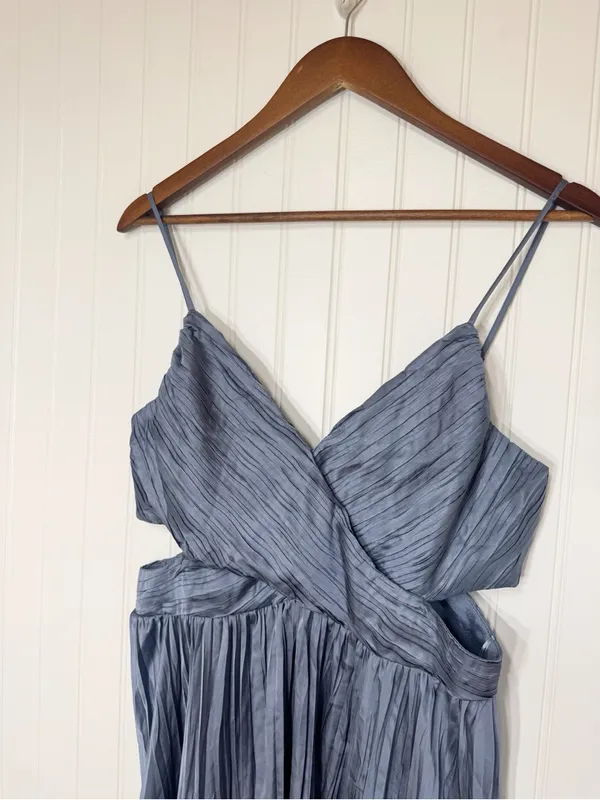 ASTR Capitola Pleated Blue Satin Midi Dress Large Wedding Guest Romantic Party - Image 4