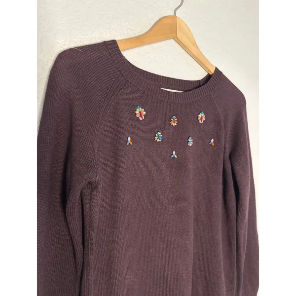 Loft Bejeweled Rhinestone Burgundy Plum Sweater Glam Preppy Twee Medium - Image 3