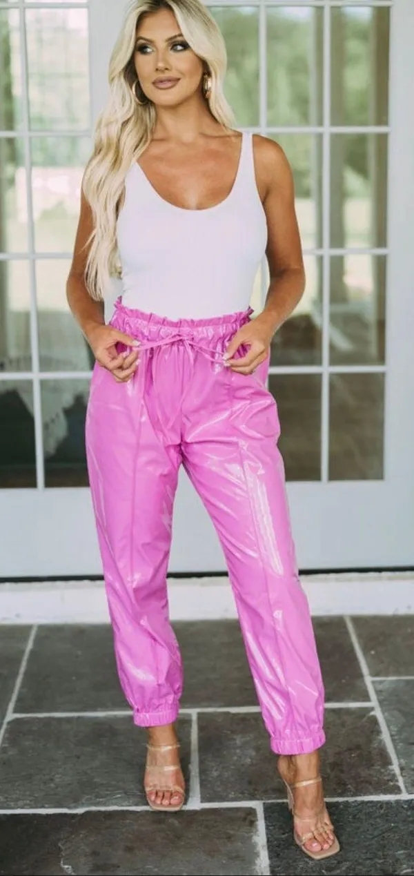 These Three Boutique Faux Leather Shiny Pink joggers - Image 2