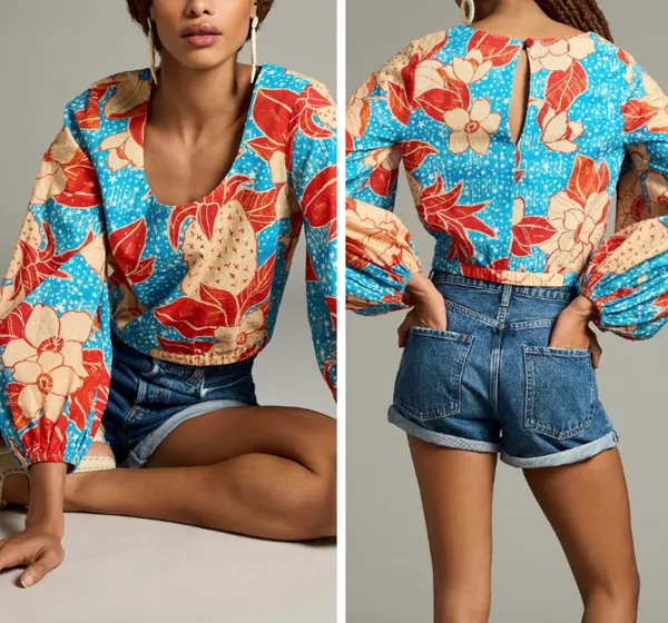 Anthropologie x Farm Rio Puff-Sleeve Bubble Blouse, Size S - Image 2