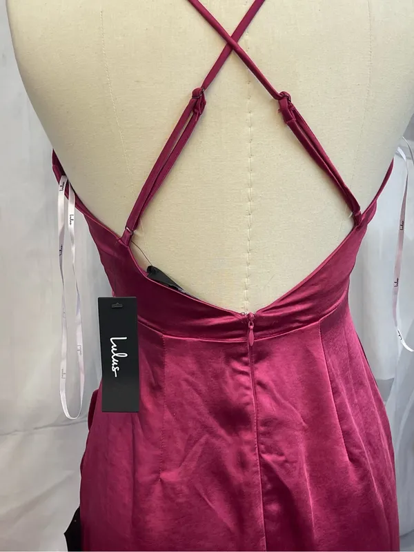 Lulus S Small Hot Night Out Magenta Satin Surplice Faux-Wrap Dress Wedding Guest - Image 10