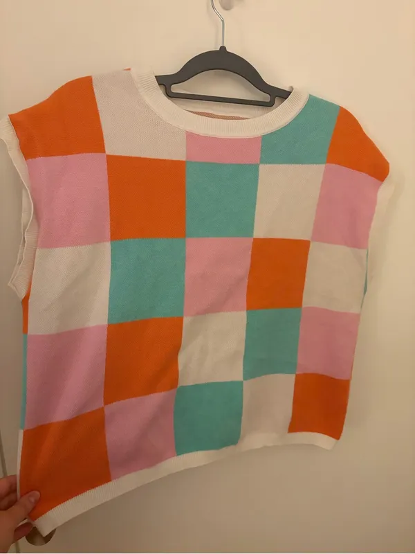 Amazon Colorblock Checkerboard Knit Vest - White, Orange, Pink, Aqua - Image 2