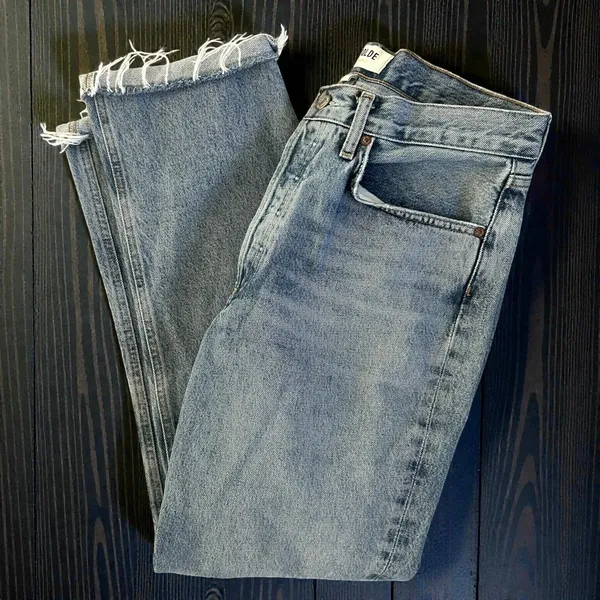 AGOLDE High Rise Straight Leg Jeans Light Wash Raw Frayed Hem Women's size 28 - Image 3