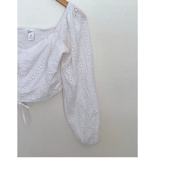 Japna Eyelet Crop Top Sz M White Long Puff Sleeve Cinched Front Boho Cottagecore - Image 5