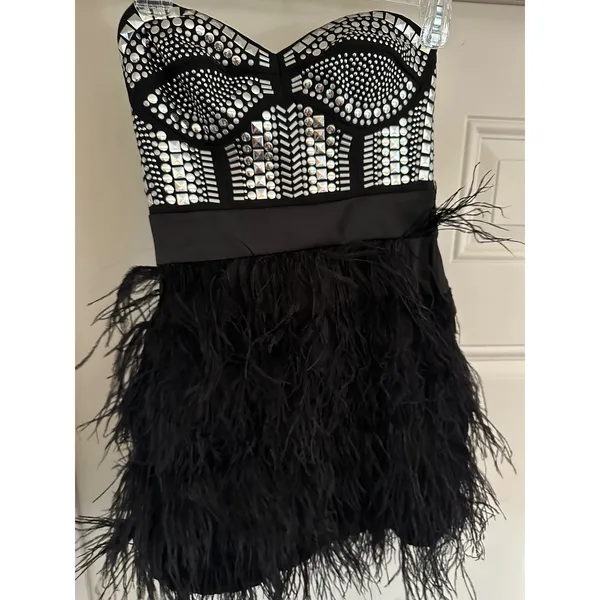 Bebe XS Black Studded Bustier Feather Mini Dress Strapless Glam - Image 2