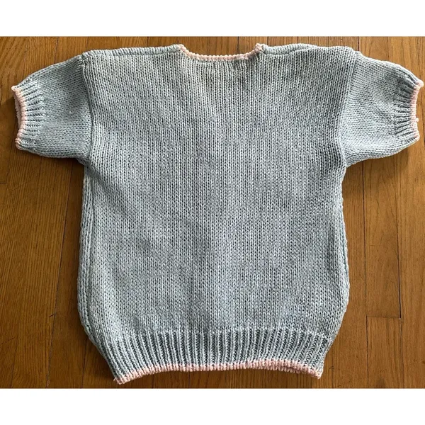 Vintage Hand Knit Sweater Short Sleeve Blue Pink VNeck Chelsea Place Size Medium - Image 2