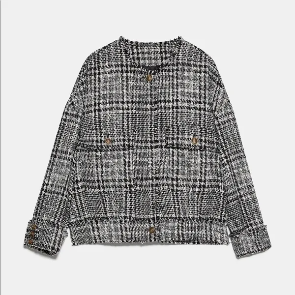 Zara Houndstooth Bomber TWEED Jacket w/ Pockets & Gold Buttons Black/White NEW - Image 8