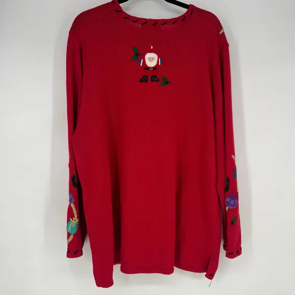 Vintage Red Christmas Sweater Embroidered Santa Toys Gifts Holiday Pullover - Image 3