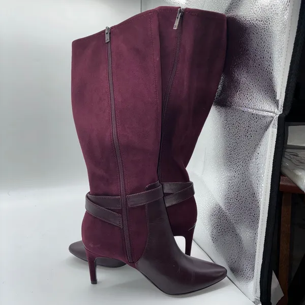 Calvin Klein Jemamine Wide‎ Calf Tall Boots Burgundy Suede Leather Heel Size 6.5 - Image 11