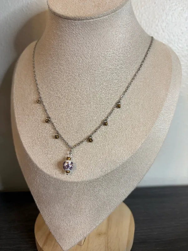 Handmade Purple Floral Porcelain Charm Necklace | Waterproof & Tarnish Resistant - Image 4