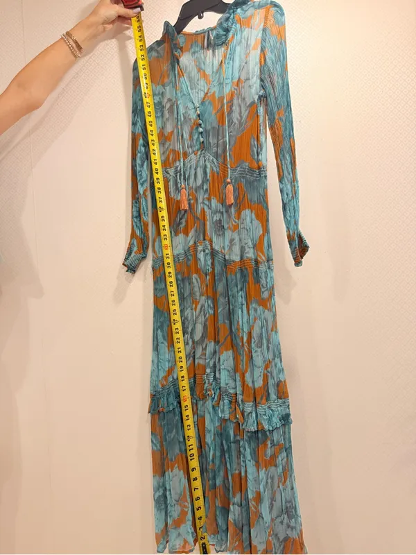 Anthropologie The Marais Printed Tiered Teal Floral Maxi Dress Boho Floral XS - Image 4