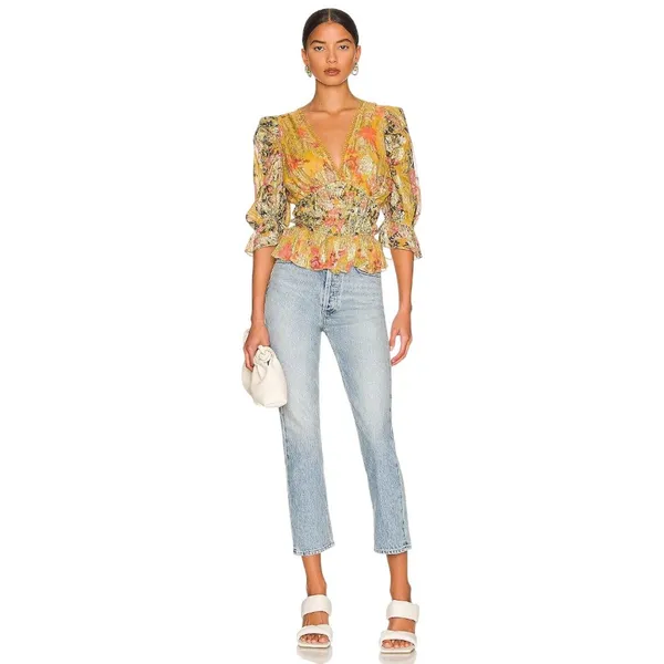 HEMANT AND NANDITA Nova Bodysuit in Mustard Multi X-Small New Womens Blouse Top - Image 10
