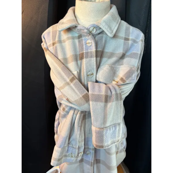 Plaid Fleece Shacket Light Purple Lavender Button Front Shirt Jacket Medium - Image 5