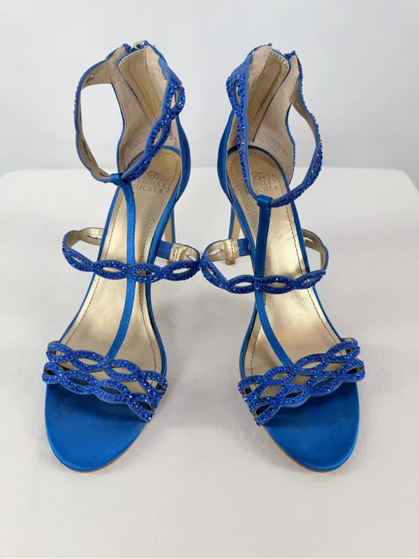 Belle Badgley Mischka Cobalt Blue Beaded Satin T-Strap Heels‎ Size 7 - Image 4